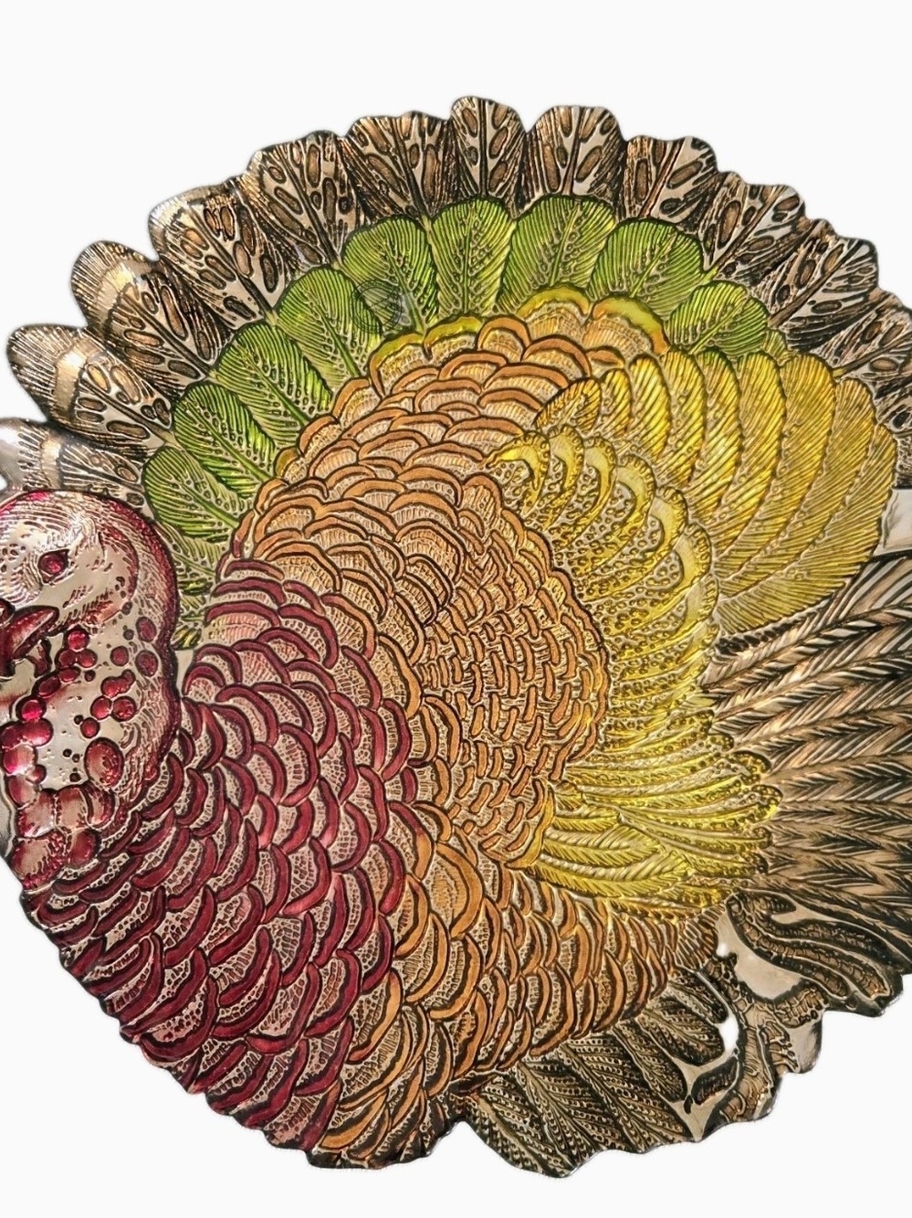 XLG Turkey Glass Dish Platter Reverse Painted 16" Thanksgiving Centerpiece